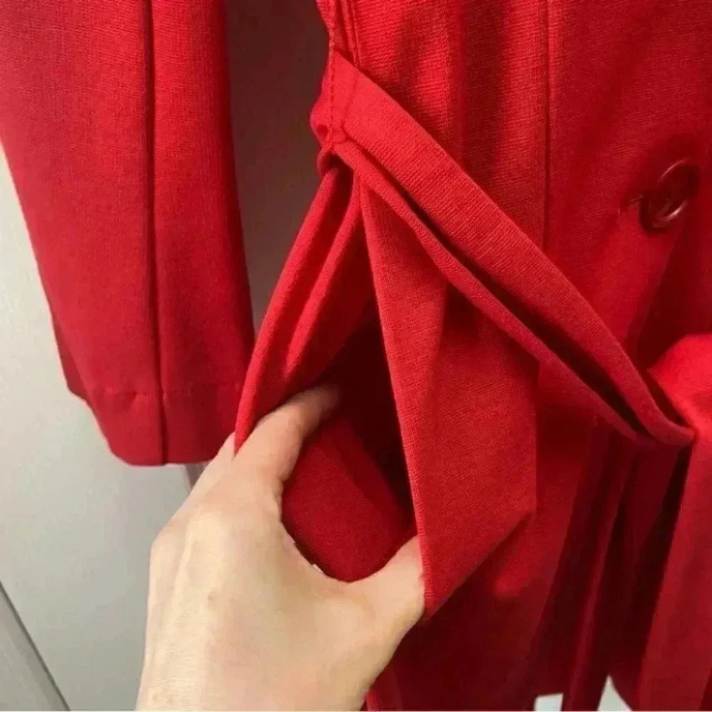 Vintage Le Chateau Trench Coat Red Ponte Knit Duster Blazer Belted Y2K Small - Picture 8 of 16